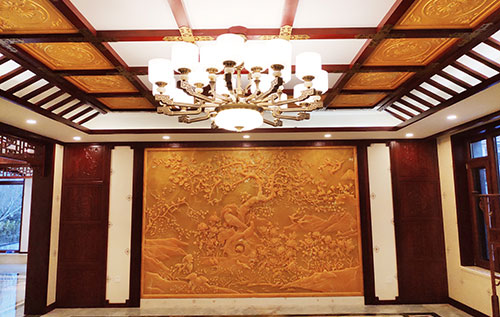 济南中式别墅客厅中式木作横梁吊顶装饰展示