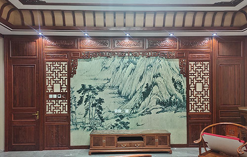 济南中式仿古别墅客厅背景墙花格木作装饰